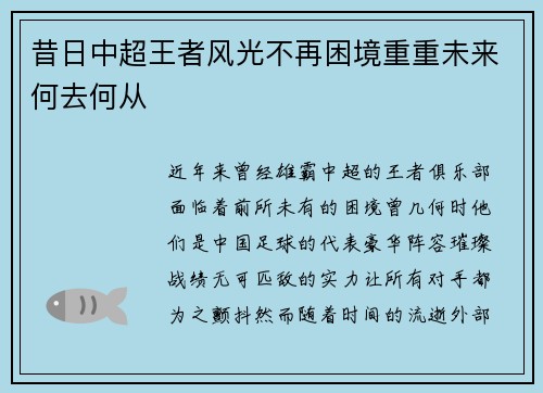 昔日中超王者风光不再困境重重未来何去何从